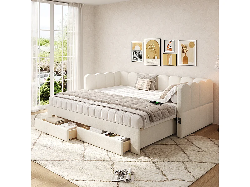 Sofá-cama estofado infantil - 90/180 x 190 cm - com 2 gavetas + porta USB - linho - bege