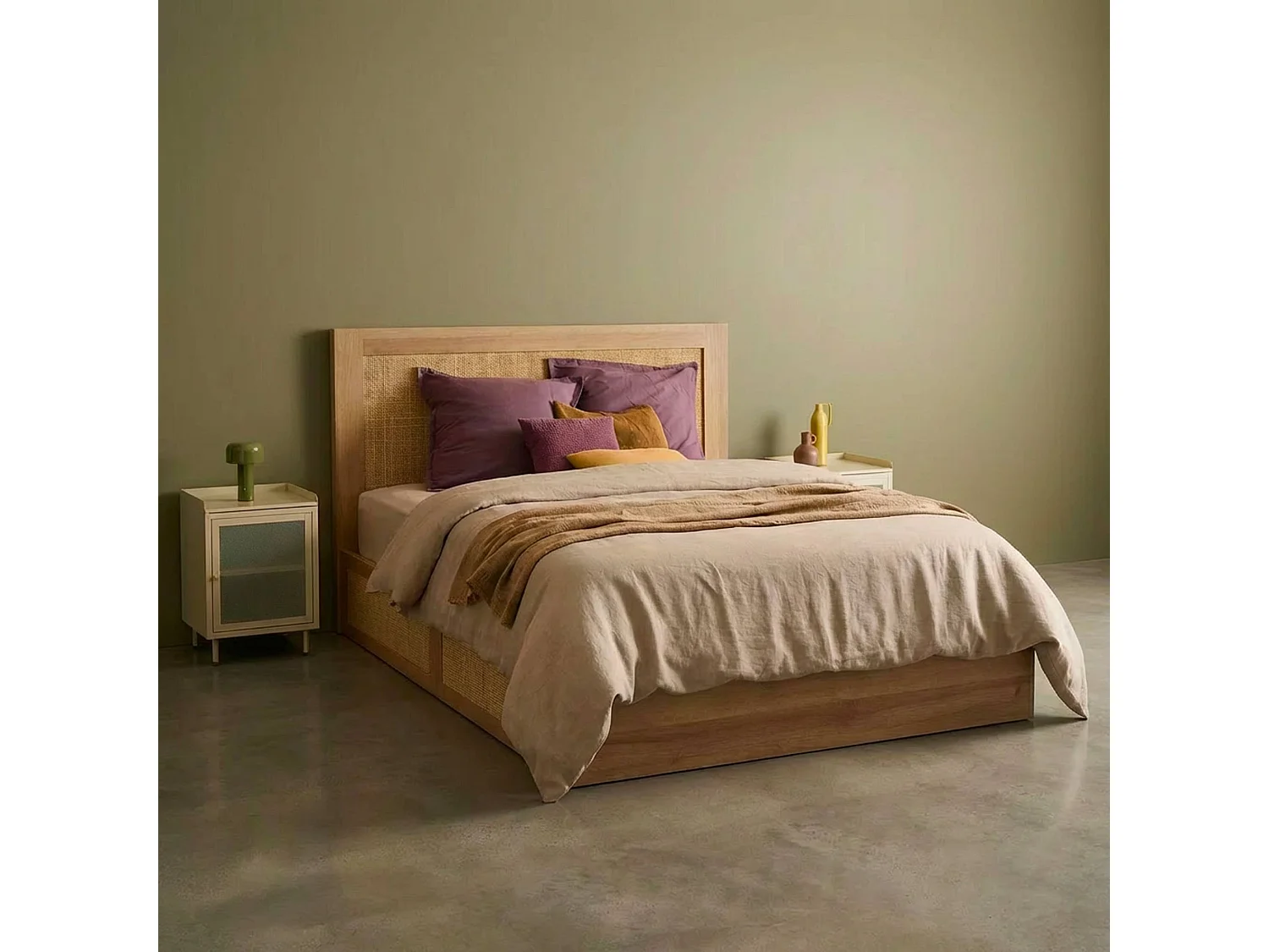 Lit bohème avec sommier à lattes et tête de lit 140 x 190cm + 4 tiroirs décor bois et cannage naturel - Bohème