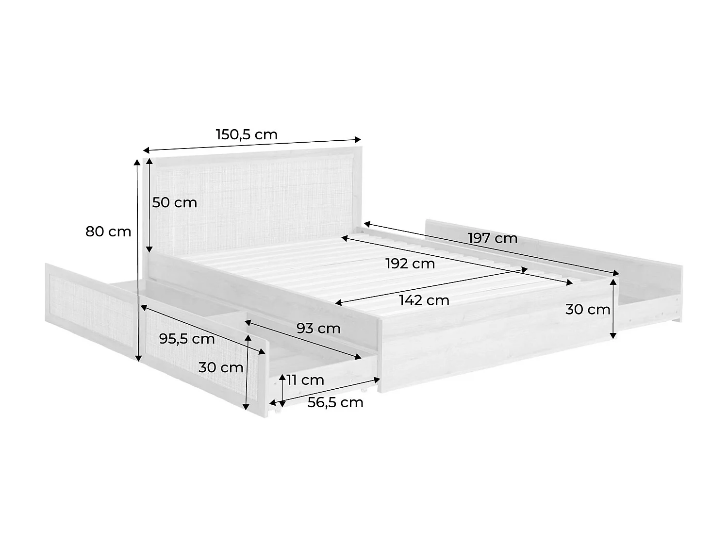 Lit bohème avec sommier à lattes et tête de lit 140 x 190cm + 4 tiroirs décor bois et cannage naturel - Bohème