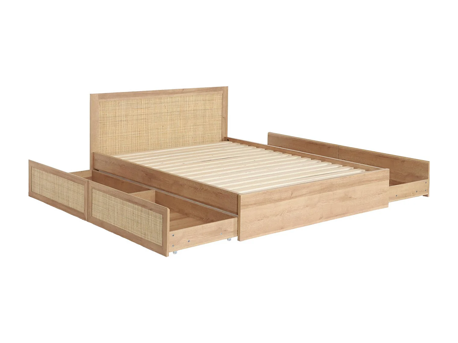 Lit bohème avec sommier à lattes et tête de lit 140 x 190cm + 4 tiroirs décor bois et cannage naturel - Bohème