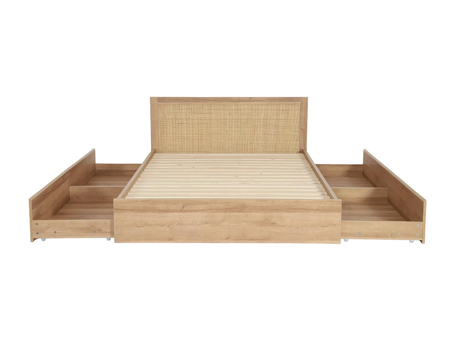 Lit bohème avec sommier à lattes et tête de lit 140 x 190cm + 4 tiroirs décor bois et cannage naturel - Bohème