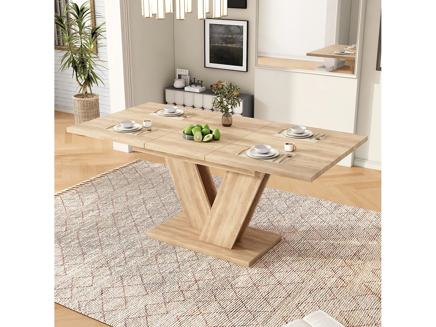 Table de salle à manger extensible - 140/180 x 80 x 75.5 cm - pour 4 à 6 personnes - pieds en V - style sobre - MDF - naturel