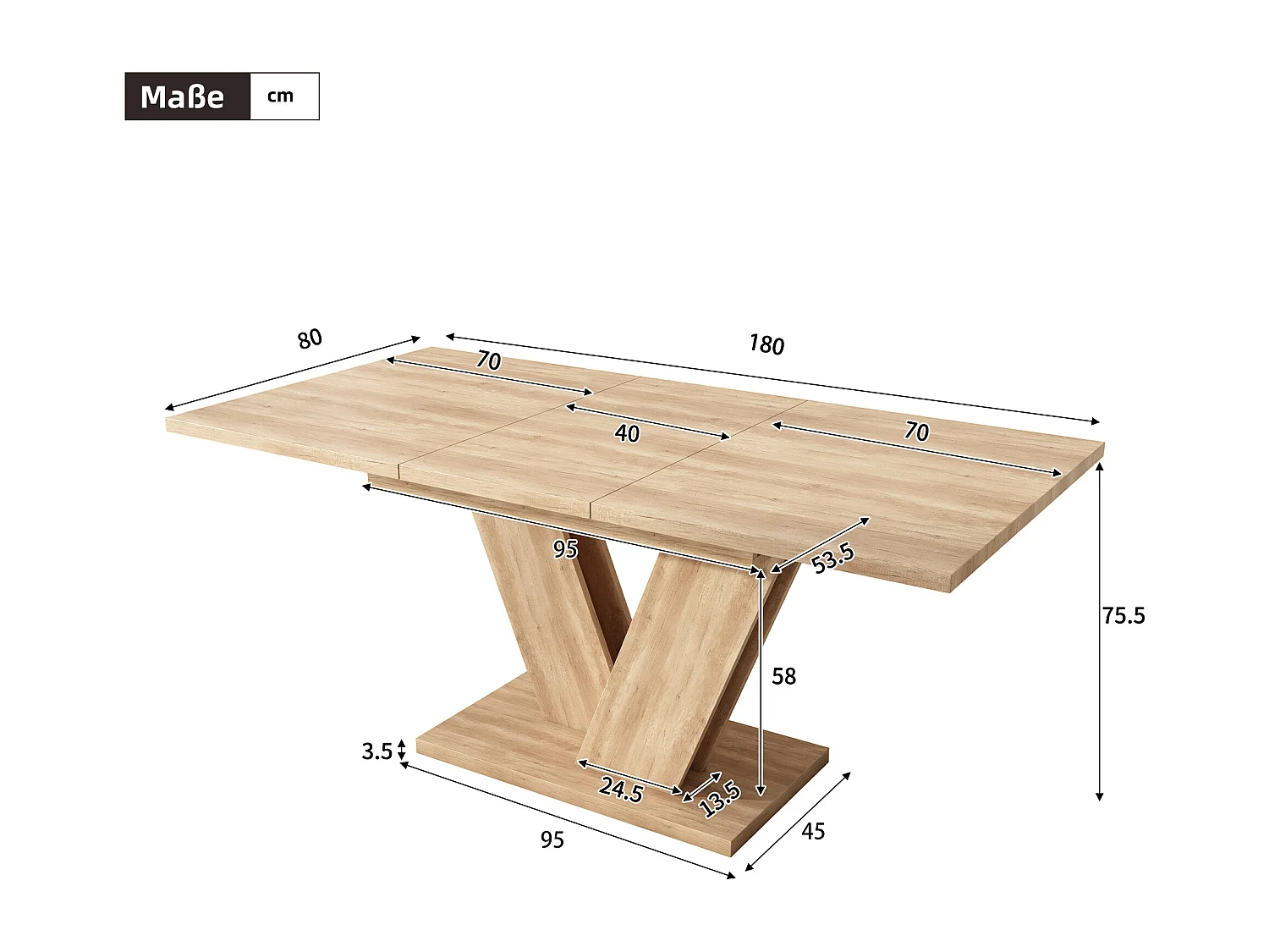 Table de salle à manger extensible - 140/180 x 80 x 75.5 cm - pour 4 à 6 personnes - pieds en V - style sobre - MDF - naturel