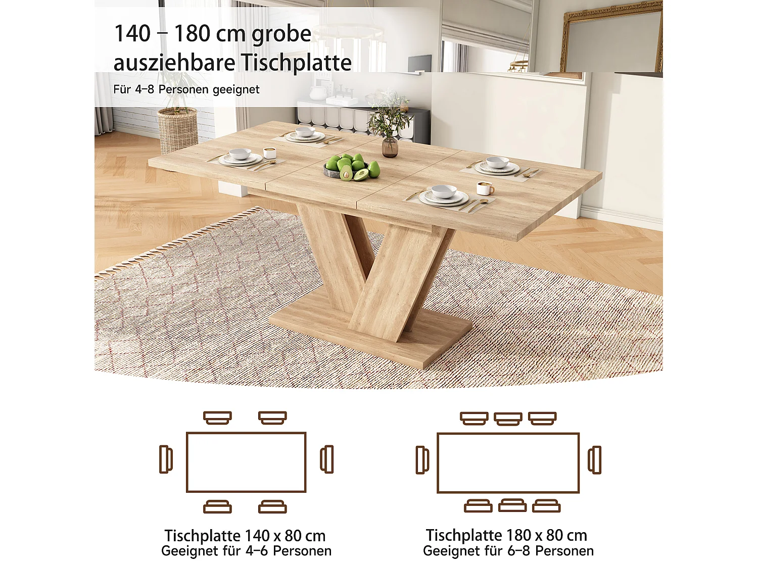 Table de salle à manger extensible - 140/180 x 80 x 75.5 cm - pour 4 à 6 personnes - pieds en V - style sobre - MDF - naturel