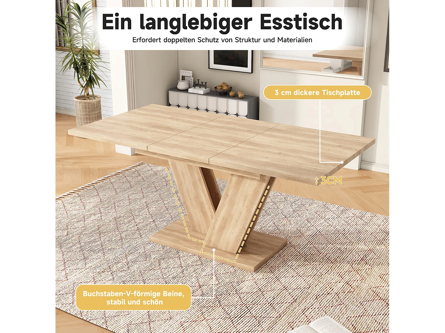 Table de salle à manger extensible - 140/180 x 80 x 75.5 cm - pour 4 à 6 personnes - pieds en V - style sobre - MDF - naturel