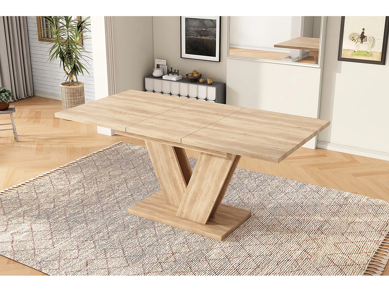 Table de salle à manger extensible - 140/180 x 80 x 75.5 cm - pour 4 à 6 personnes - pieds en V - style sobre - MDF - naturel