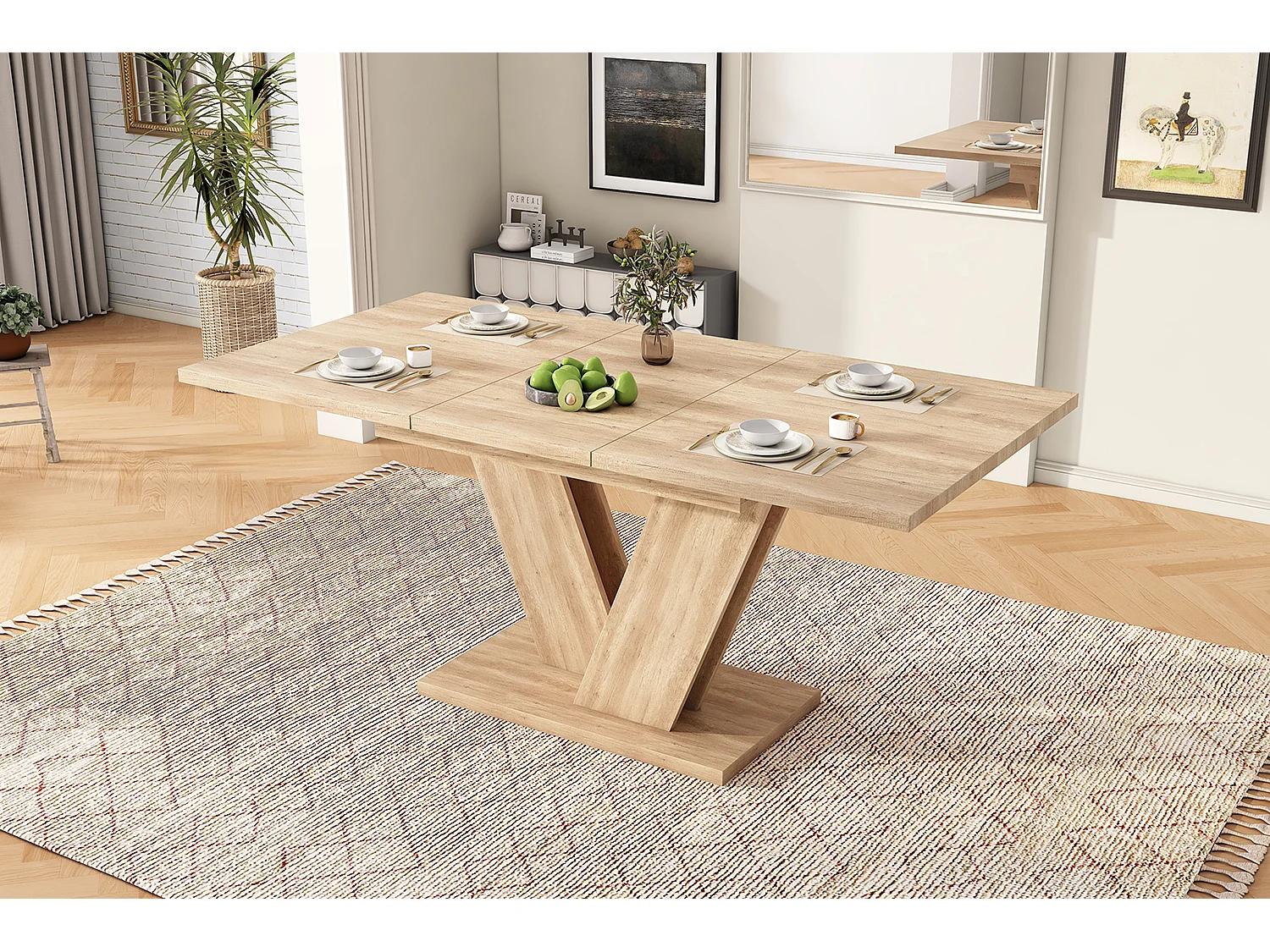 Table de salle à manger extensible - 140/180 x 80 x 75.5 cm - pour 4 à 6 personnes - pieds en V - style sobre - MDF - naturel