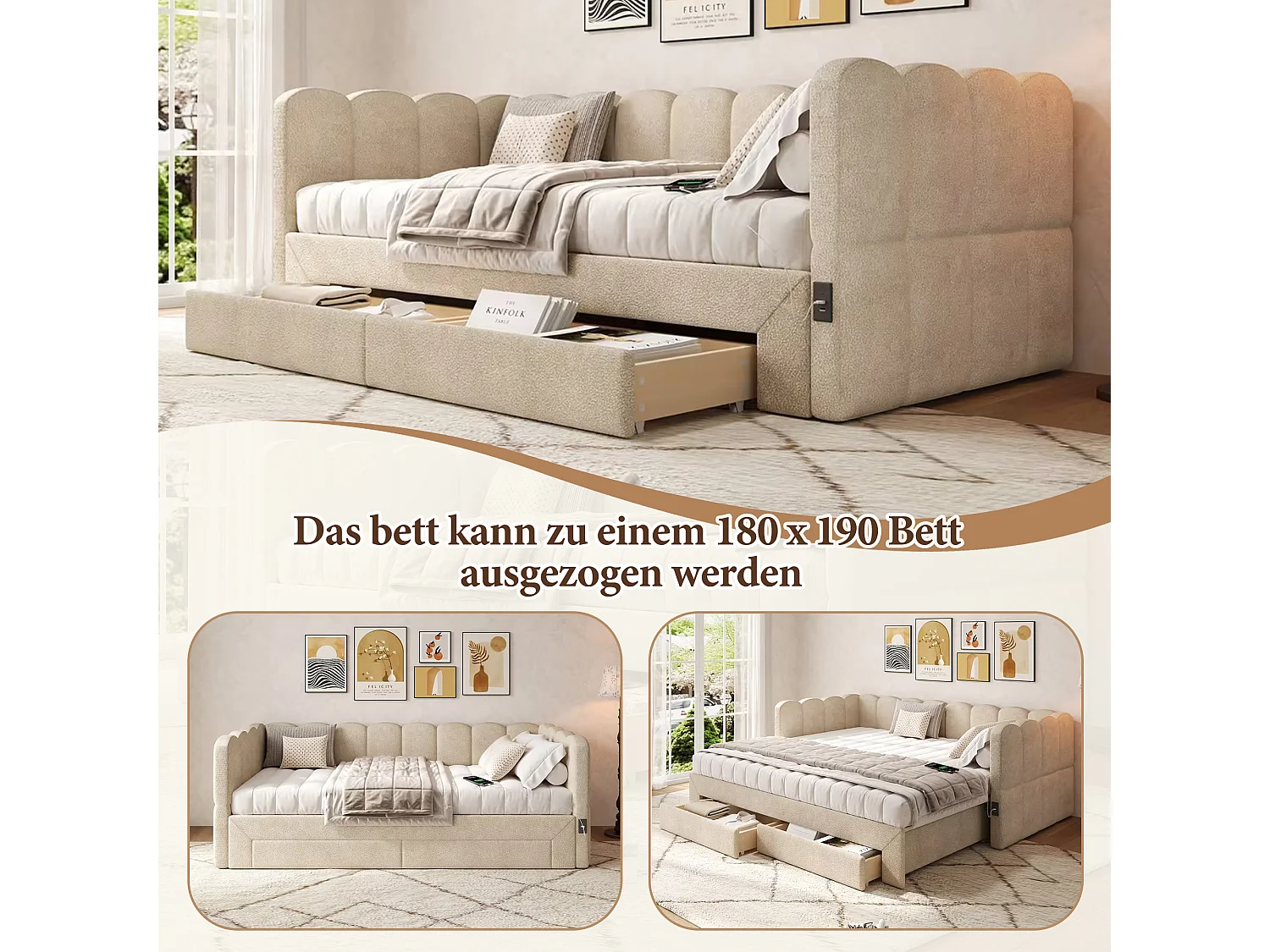 Canapé-lit capitonné pour enfant - 90/180 x 190 cm - avec 2 tiroirs + port USB - Chenille - beige