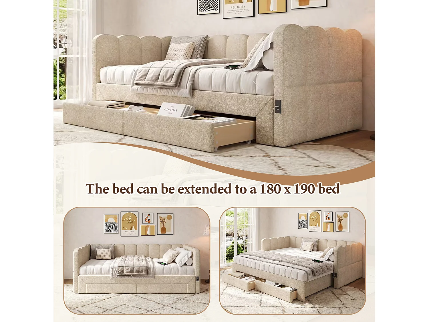 Canapé-lit capitonné pour enfant - 90/180 x 190 cm - avec 2 tiroirs + port USB - Chenille - beige