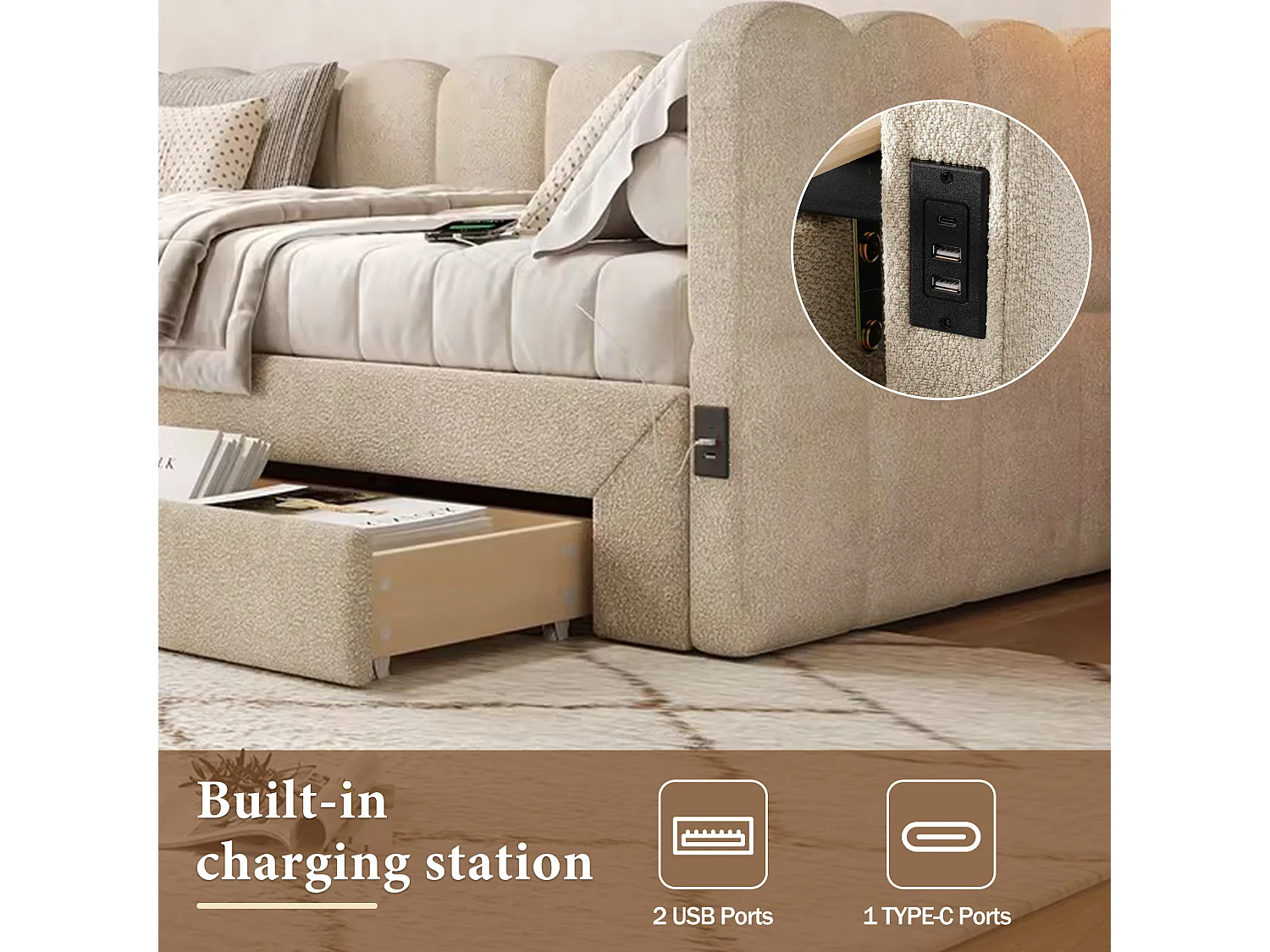 Canapé-lit capitonné pour enfant - 90/180 x 190 cm - avec 2 tiroirs + port USB - Chenille - beige