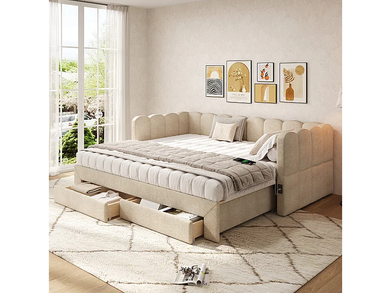 Canapé-lit capitonné pour enfant - 90/180 x 190 cm - avec 2 tiroirs + port USB - Chenille - beige