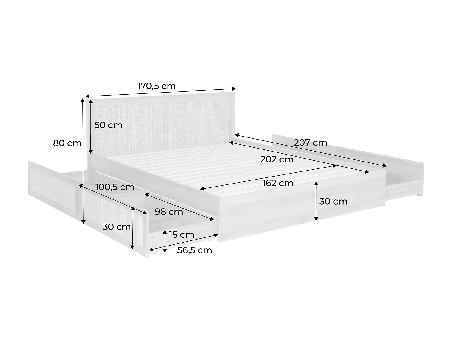 Cama bohemia con somier de láminas y cabecero 140x190cm + 2 cajones