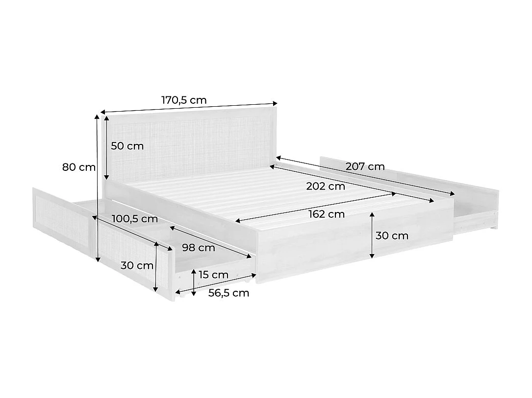 Cama bohemia con somier de láminas y cabecero 140x190cm + 2 cajones