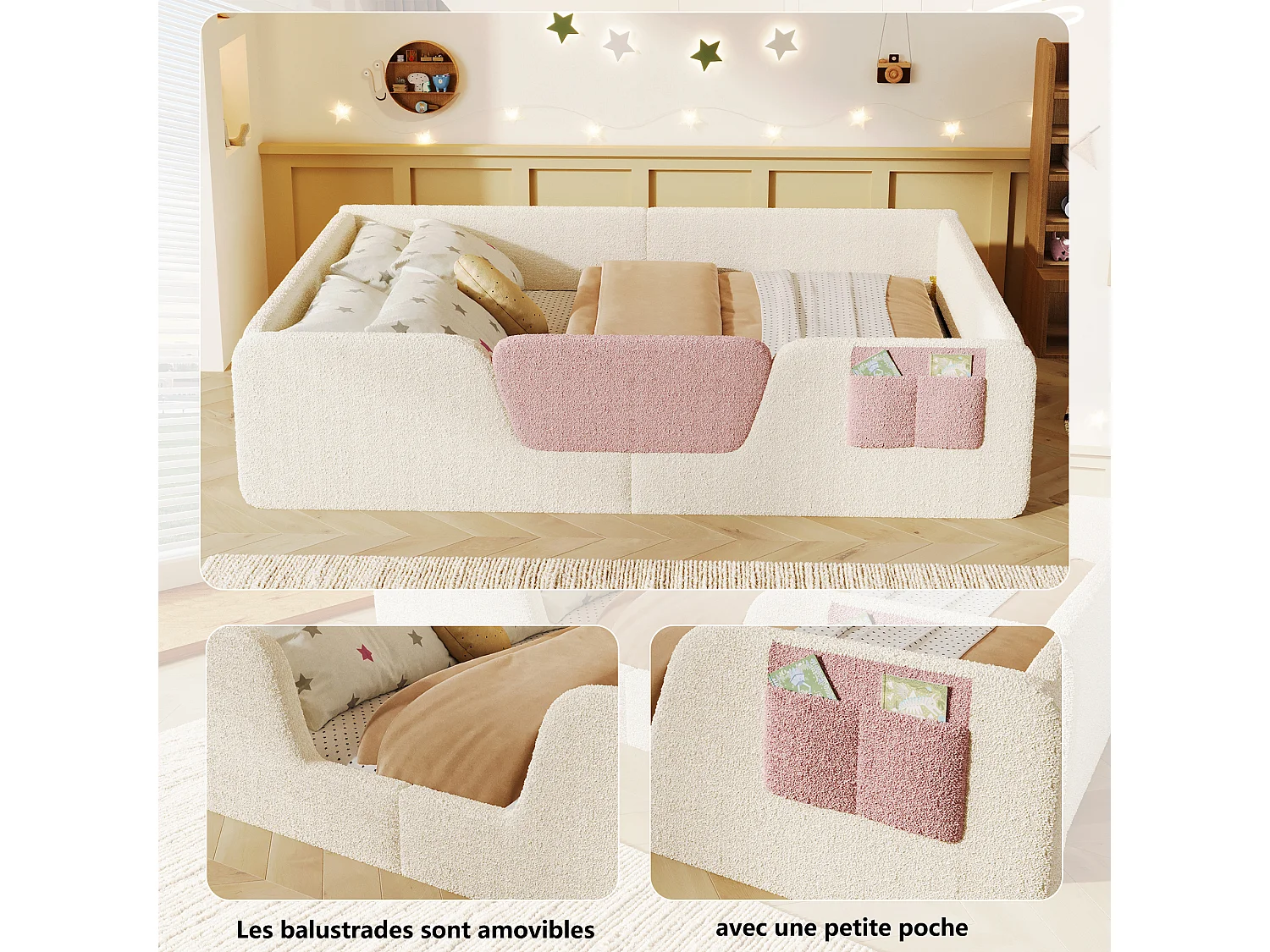 Lit capitonné pour enfant - 140 x 190 cm - avec barrières de sécurité amovibles + sac de rangement en tissu - velours - beige