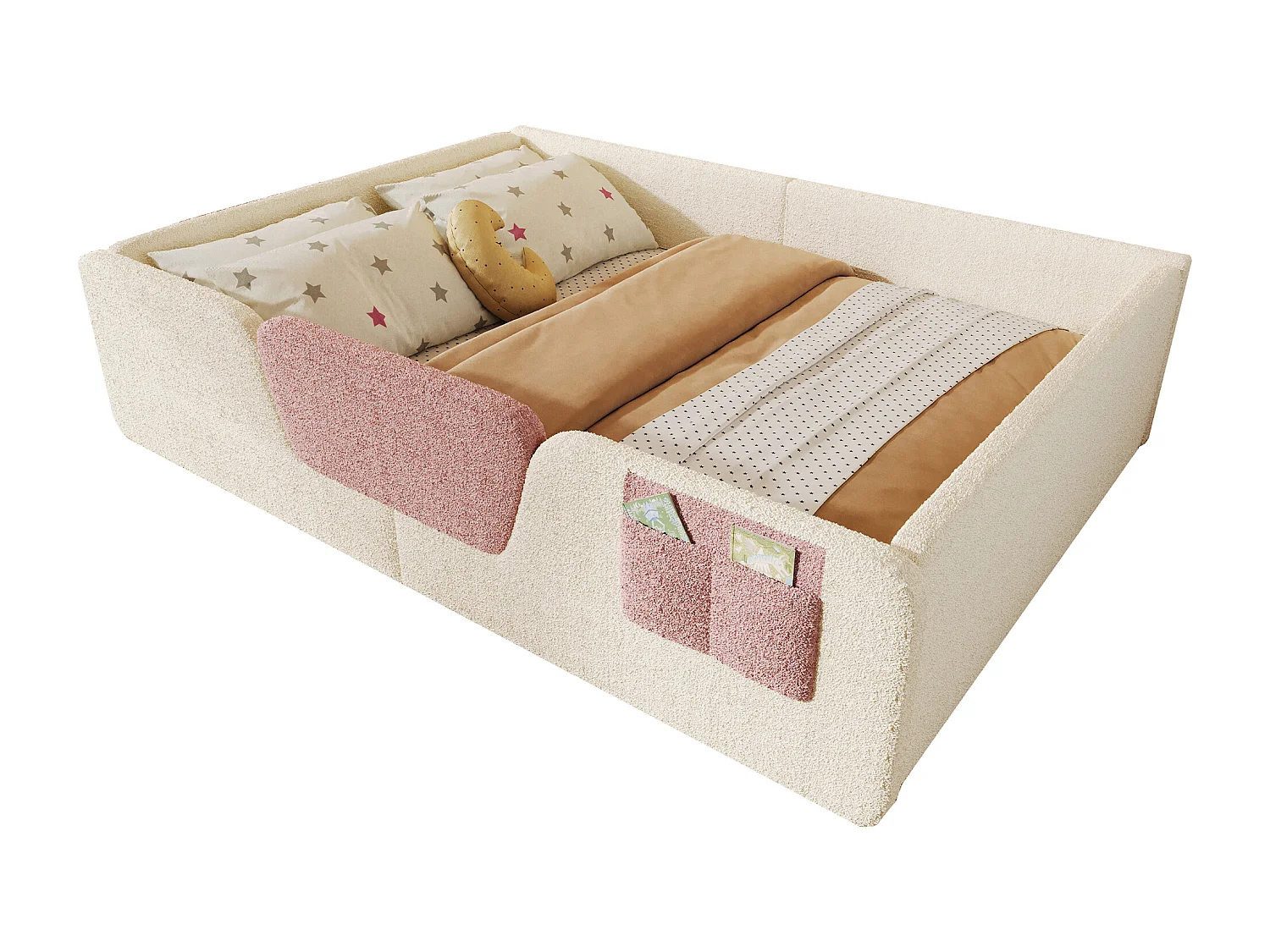 Lit capitonné pour enfant - 140 x 190 cm - avec barrières de sécurité amovibles + sac de rangement en tissu - velours - beige