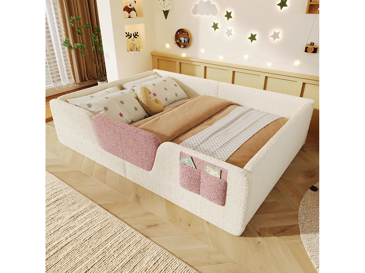 Gepolstertes Kinderbett – 140 x 190 cm – mit abnehmbaren Sicherheitsgittern + Aufbewahrungstasche aus Samt – beige