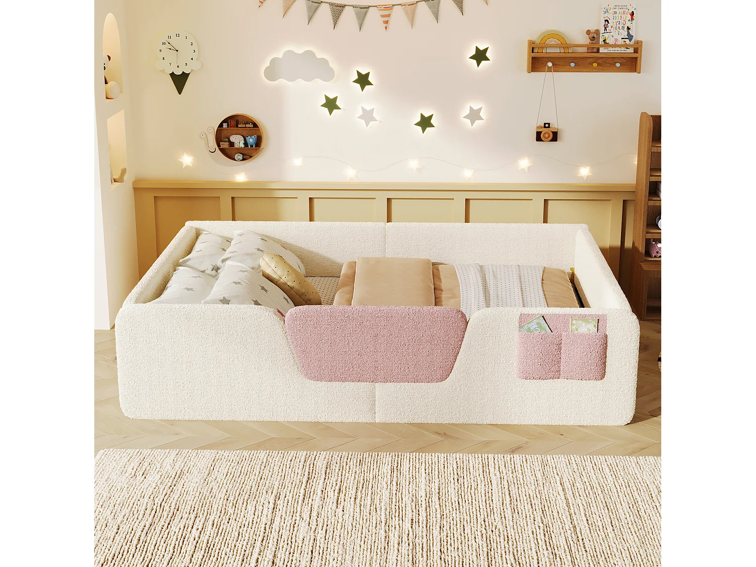 Gepolstertes Kinderbett – 140 x 190 cm – mit abnehmbaren Sicherheitsgittern + Aufbewahrungstasche aus Samt – beige