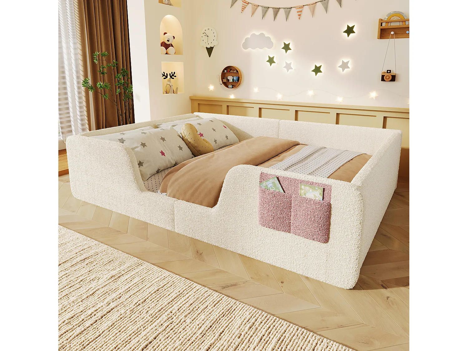 Gepolstertes Kinderbett – 140 x 190 cm – mit abnehmbaren Sicherheitsgittern + Aufbewahrungstasche aus Samt – beige