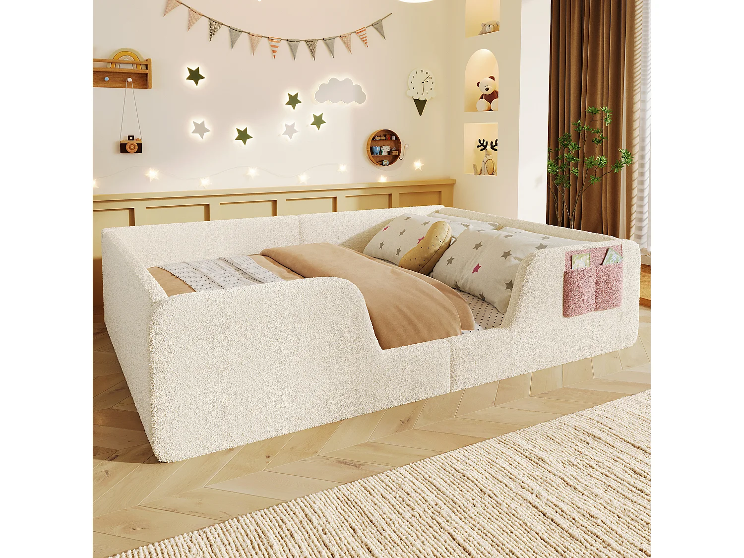 Gepolstertes Kinderbett – 140 x 190 cm – mit abnehmbaren Sicherheitsgittern + Aufbewahrungstasche aus Samt – beige