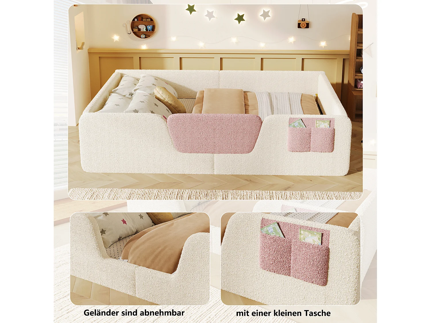 Gepolstertes Kinderbett – 140 x 190 cm – mit abnehmbaren Sicherheitsgittern + Aufbewahrungstasche aus Samt – beige