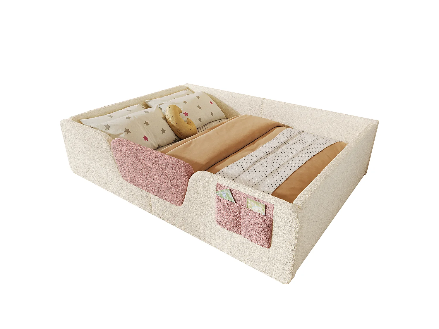 Gepolstertes Kinderbett – 140 x 190 cm – mit abnehmbaren Sicherheitsgittern + Aufbewahrungstasche aus Samt – beige