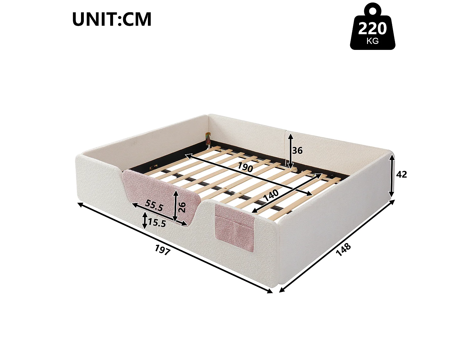 Gepolstertes Kinderbett – 140 x 190 cm – mit abnehmbaren Sicherheitsgittern + Aufbewahrungstasche aus Samt – beige