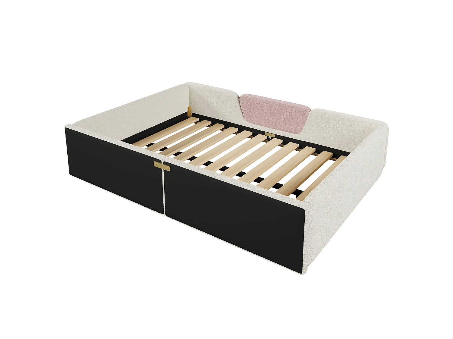 Gepolstertes Kinderbett – 140 x 190 cm – mit abnehmbaren Sicherheitsgittern + Aufbewahrungstasche aus Samt – beige