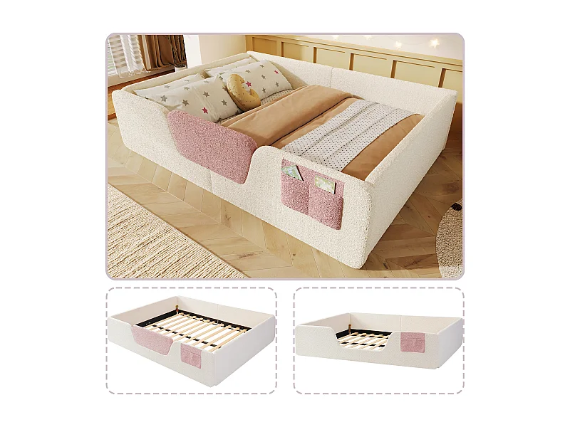 Gestoffeerd kinderbed - 140 x 190 cm - met afneembare veiligheidsrails + stoffen opbergtas - fluweel - beige