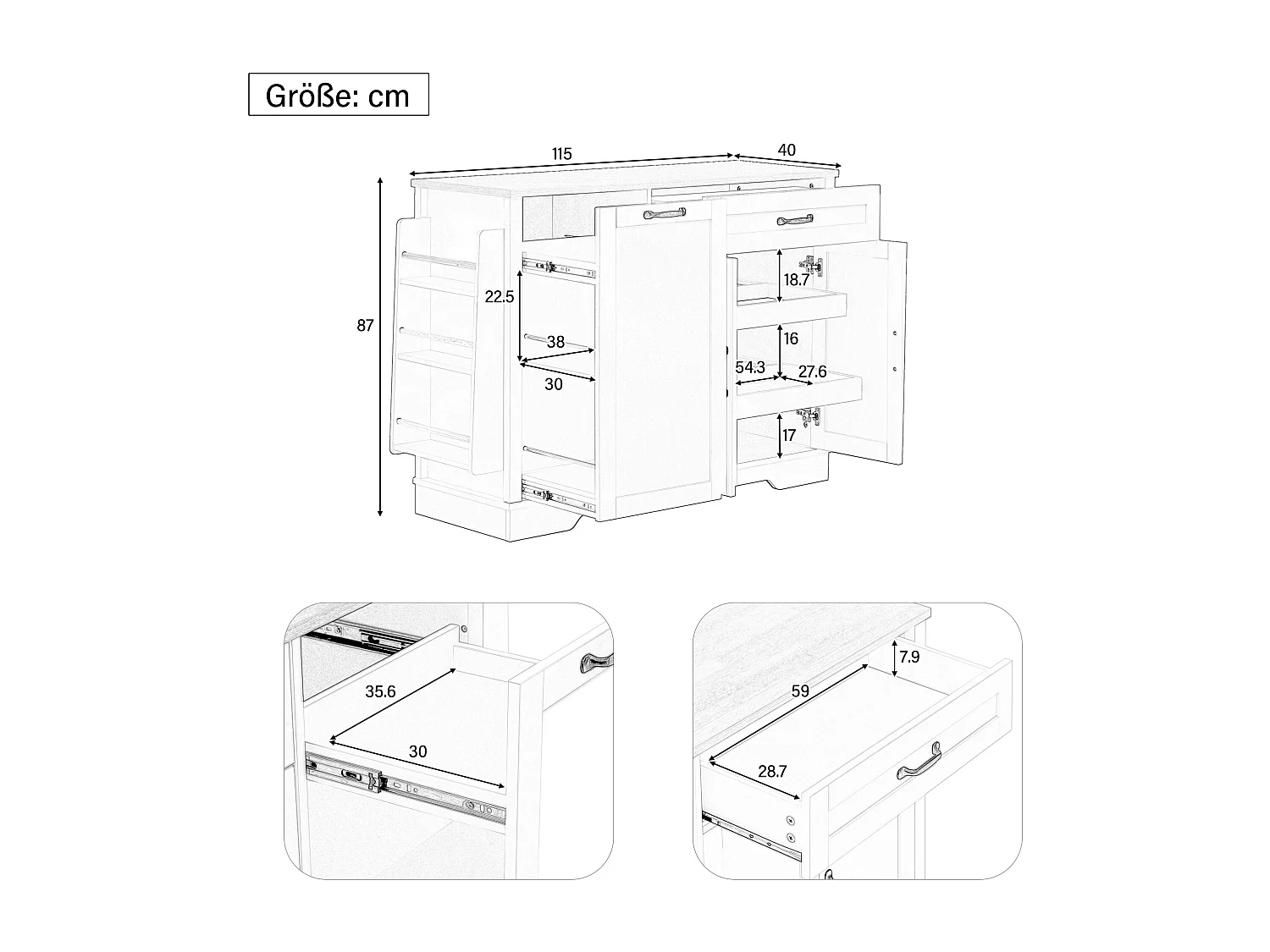 Buffet moderne pour salon et cuisine - 115 x 40 x 87 cm - avec 3 portes + tiroir + étagères coulissantes - MDF - blanc