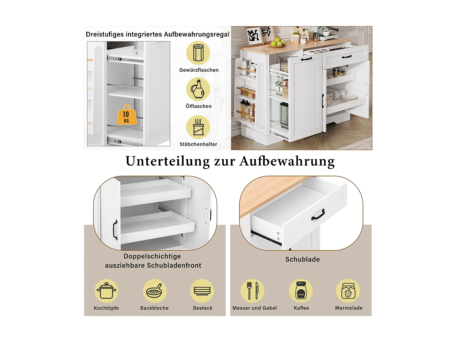 Buffet moderne pour salon et cuisine - 115 x 40 x 87 cm - avec 3 portes + tiroir + étagères coulissantes - MDF - blanc