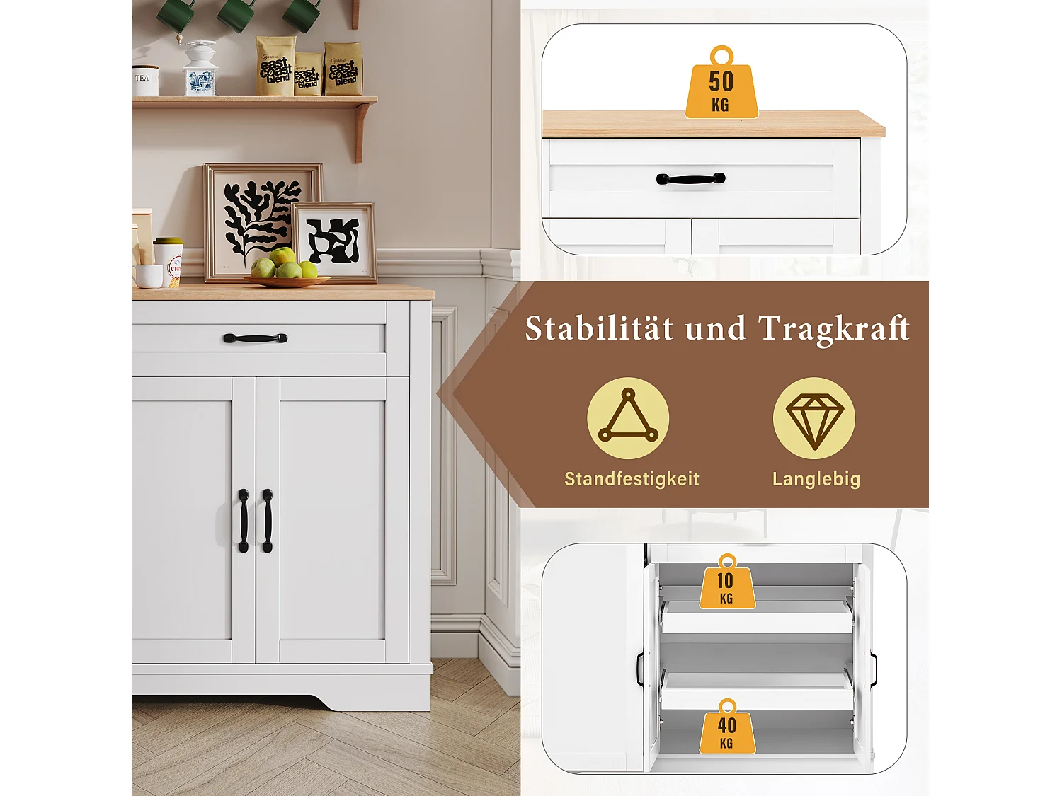 Buffet moderne pour salon et cuisine - 115 x 40 x 87 cm - avec 3 portes + tiroir + étagères coulissantes - MDF - blanc