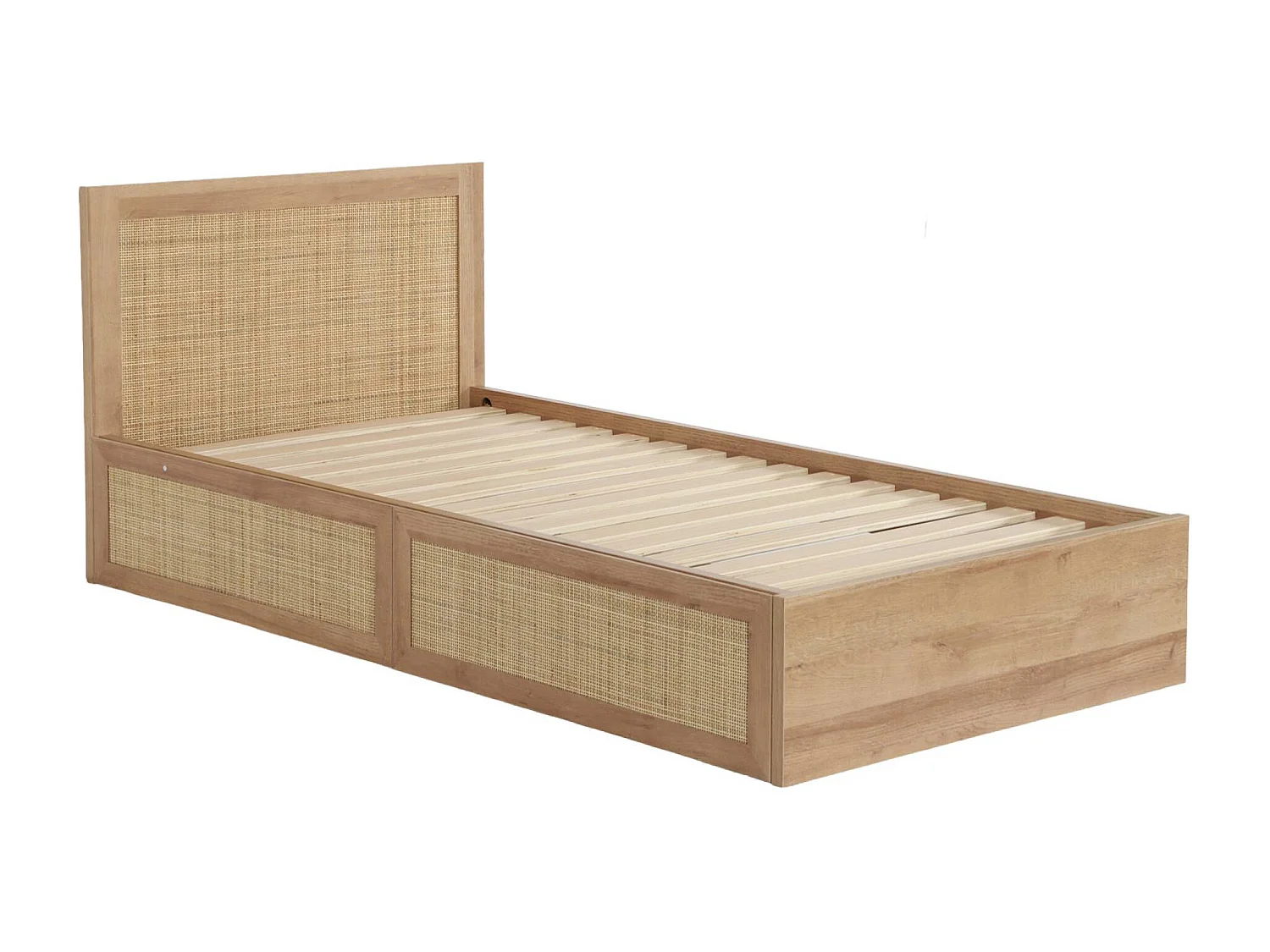 Lit bohème avec sommier à lattes et tête de lit 90 x 190cm + 2 tiroirs décor bois et cannage naturel - Bohème
