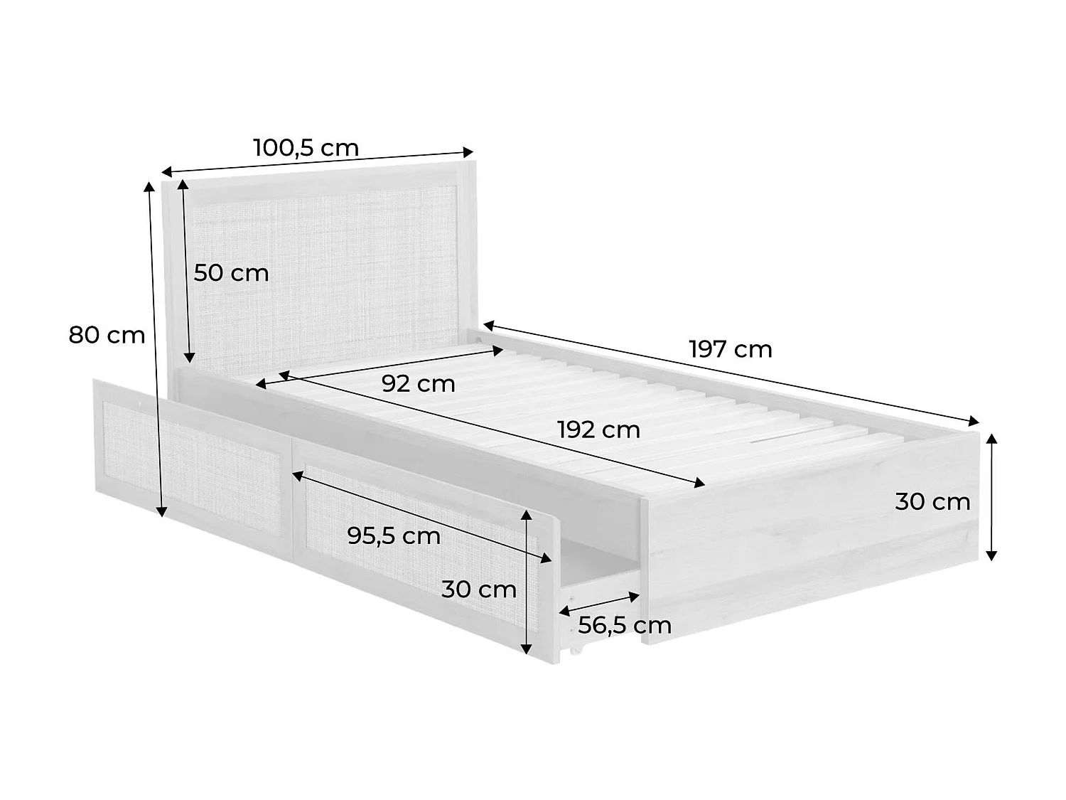 Lit bohème avec sommier à lattes et tête de lit 90 x 190cm + 2 tiroirs décor bois et cannage naturel - Bohème