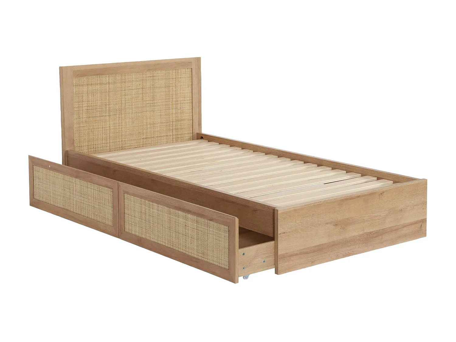Lit bohème avec sommier à lattes et tête de lit 90 x 190cm + 2 tiroirs décor bois et cannage naturel - Bohème