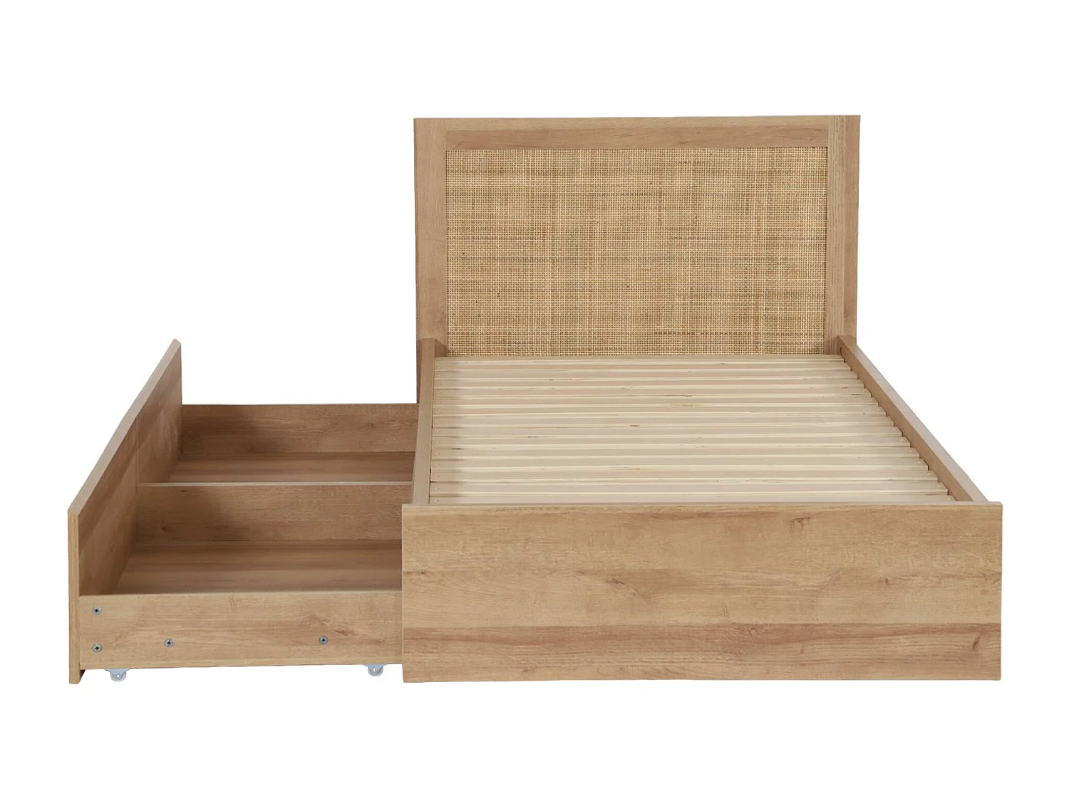 Lit bohème avec sommier à lattes et tête de lit 90 x 190cm + 2 tiroirs décor bois et cannage naturel - Bohème