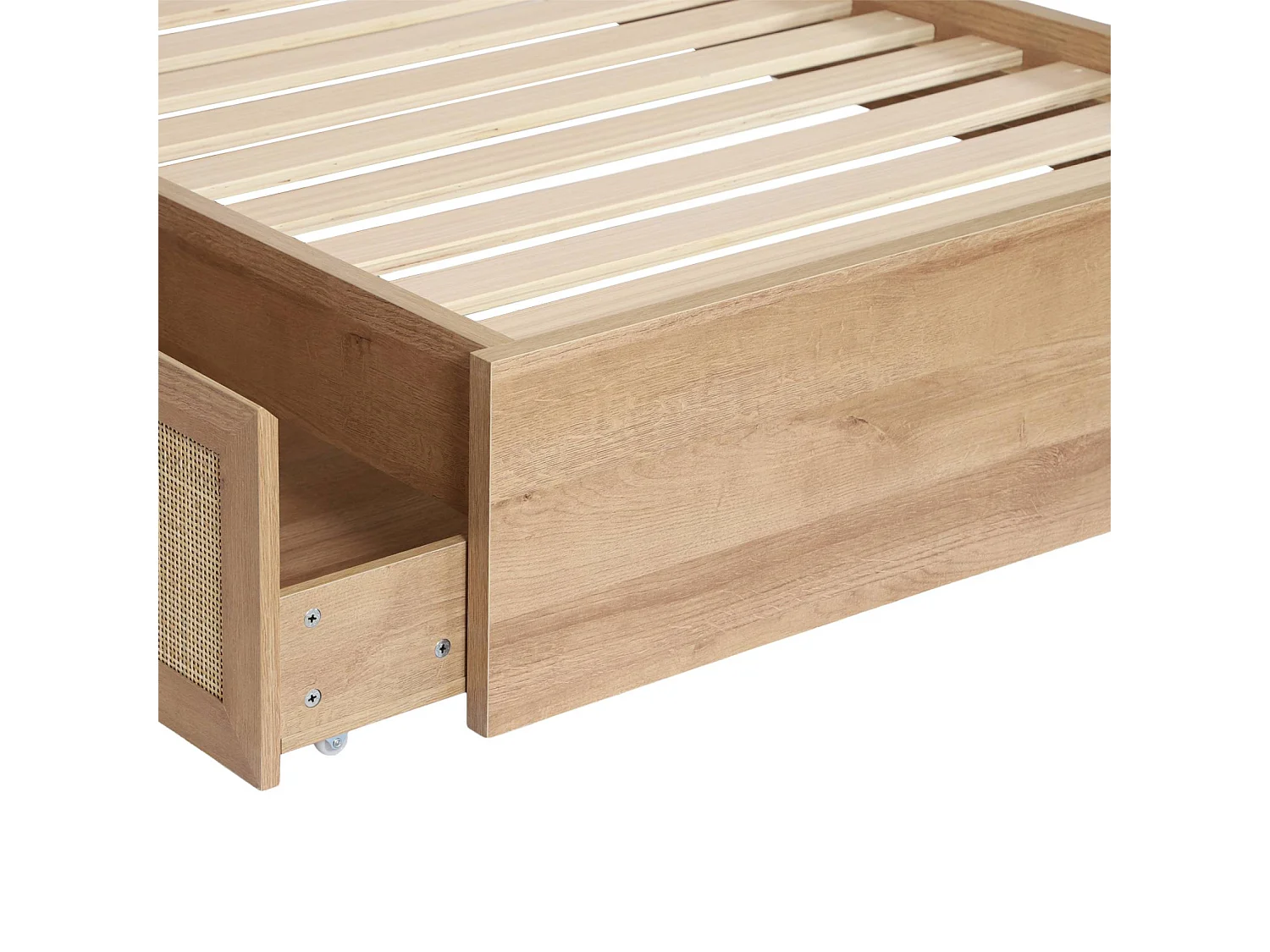 Lit bohème avec sommier à lattes et tête de lit 90 x 190cm + 2 tiroirs décor bois et cannage naturel - Bohème