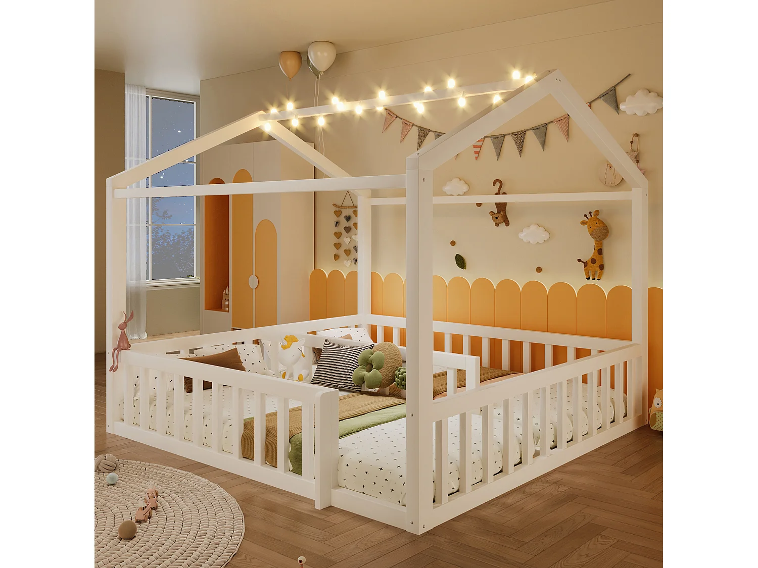 Lit plat pour enfant - 2 x 90 x 190 cm/ 180 x 190 cm - avec barrière de sécurité + Leds - style minimaliste - bois - blanc