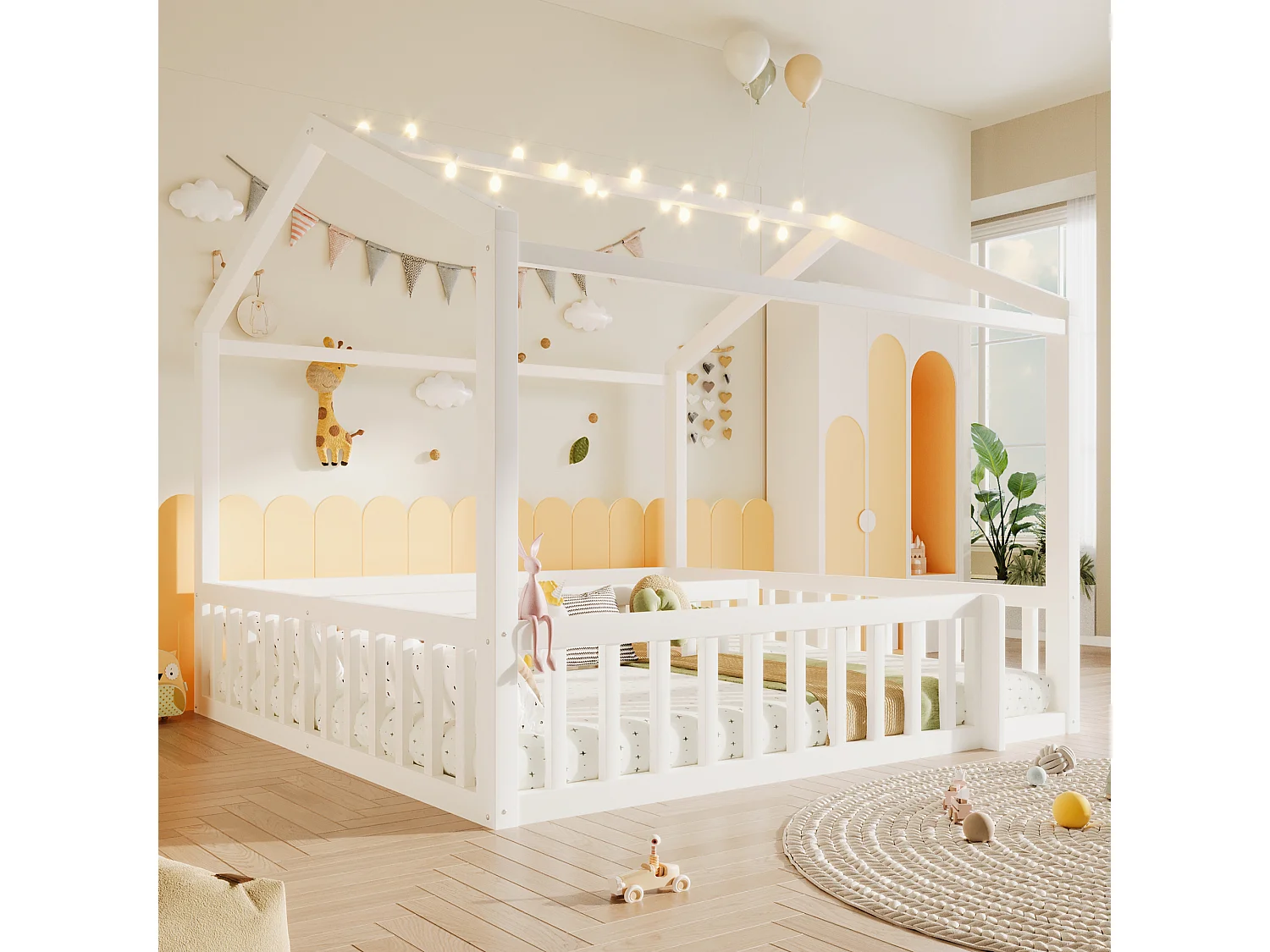 Lit plat pour enfant - 2 x 90 x 190 cm/ 180 x 190 cm - avec barrière de sécurité + Leds - style minimaliste - bois - blanc