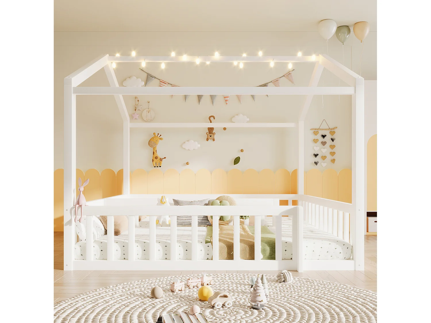 Lit plat pour enfant - 2 x 90 x 190 cm/ 180 x 190 cm - avec barrière de sécurité + Leds - style minimaliste - bois - blanc