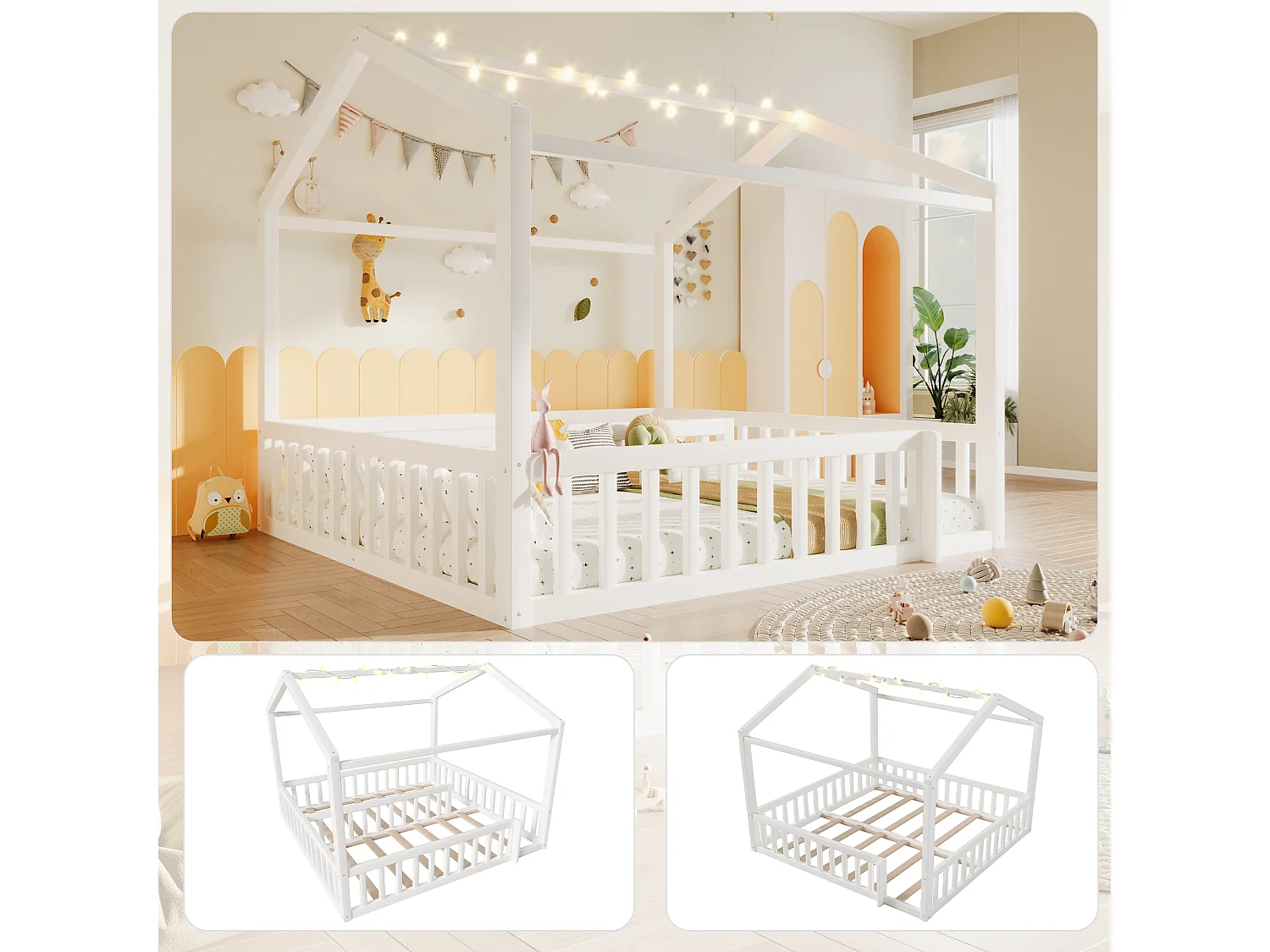 Lit plat pour enfant - 2 x 90 x 190 cm/ 180 x 190 cm - avec barrière de sécurité + Leds - style minimaliste - bois - blanc