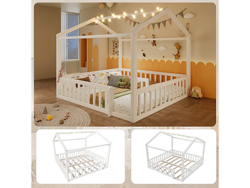 Lit plat pour enfant - 2 x 90 x 190 cm/ 180 x 190 cm - avec barrière de sécurité + Leds - style minimaliste - bois - blanc