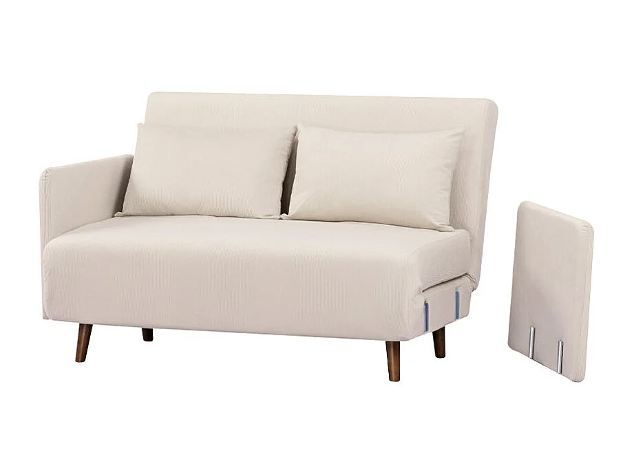 Belushi - Canapé convertible 2 places en velours côtelé pieds bois foncé - Beige