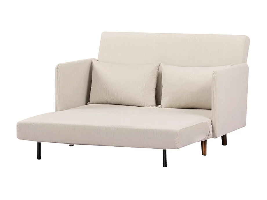 Belushi - Canapé convertible 2 places en velours côtelé pieds bois foncé - Beige