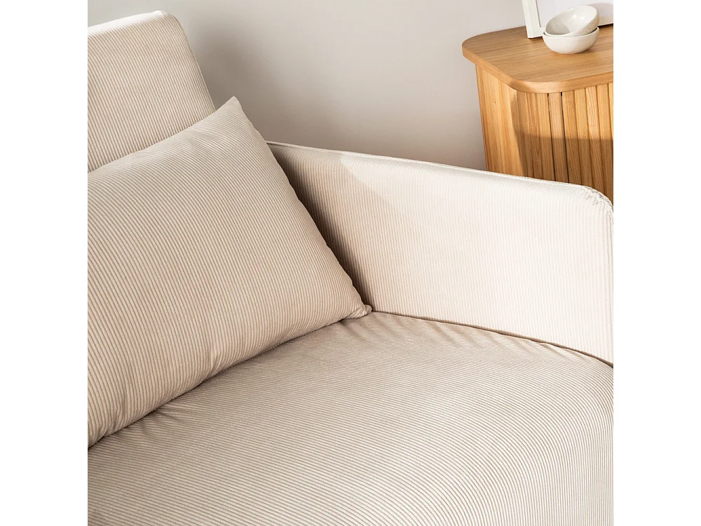 Belushi - Canapé convertible 2 places en velours côtelé pieds bois foncé - Beige