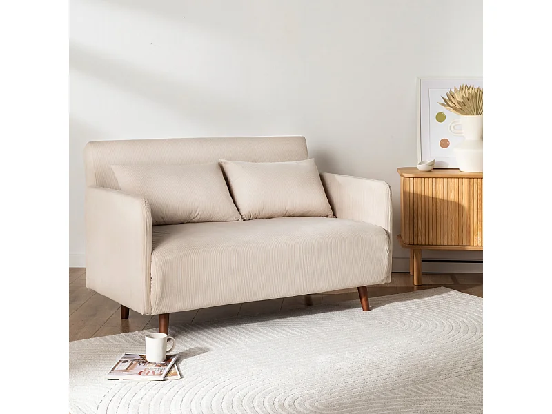 Belushi - Canapé convertible 2 places en velours côtelé pieds bois foncé - Beige
