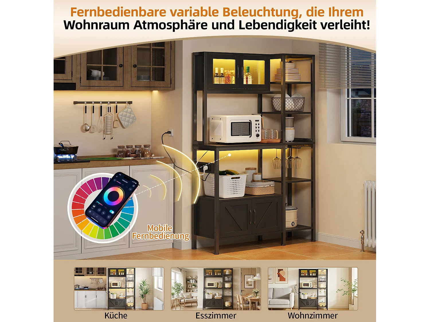 Étagère de cuisson/meuble de cuisine - 115 x 40 x 180 cm - avec prise + Leds + 4 portes - étagère de bar - MDF - noir