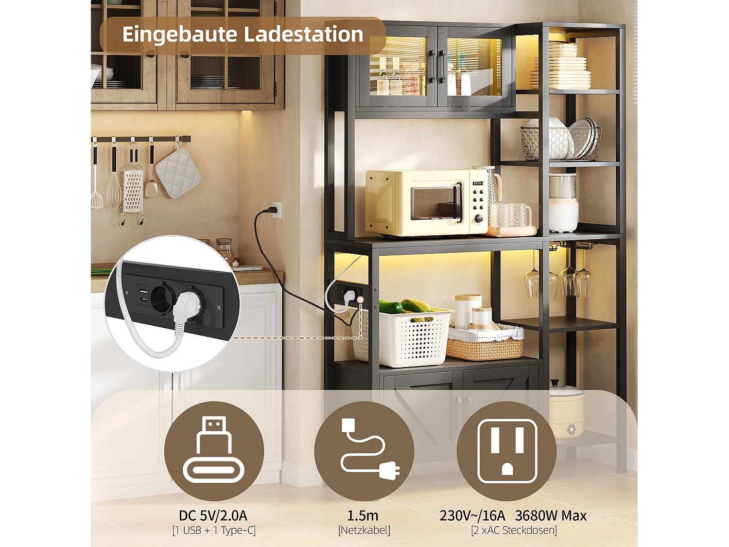 Étagère de cuisson/meuble de cuisine - 115 x 40 x 180 cm - avec prise + Leds + 4 portes - étagère de bar - MDF - noir