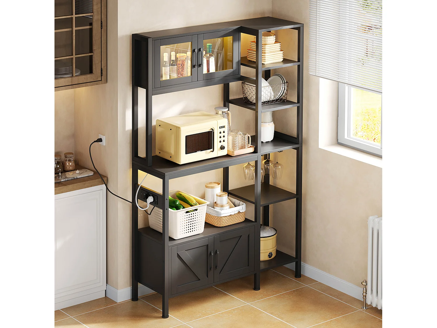 Étagère de cuisson/meuble de cuisine - 115 x 40 x 180 cm - avec prise + Leds + 4 portes - étagère de bar - MDF - noir