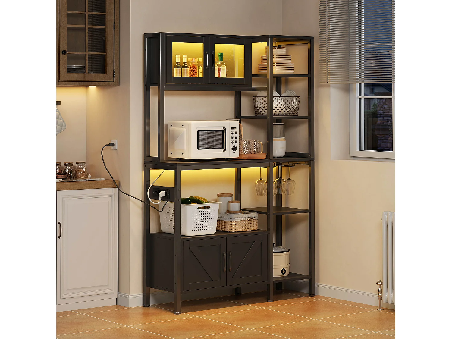 Étagère de cuisson/meuble de cuisine - 115 x 40 x 180 cm - avec prise + Leds + 4 portes - étagère de bar - MDF - noir