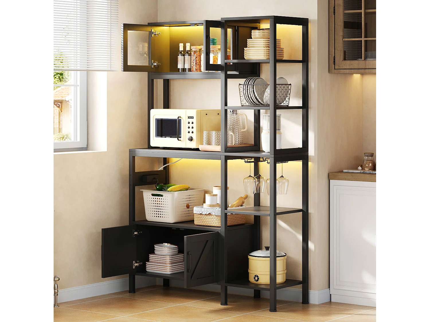 Étagère de cuisson/meuble de cuisine - 115 x 40 x 180 cm - avec prise + Leds + 4 portes - étagère de bar - MDF - noir